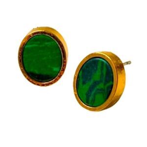 Faux Green Malachite Oval Stud Earrings in Gold Plate Metal, Vintage Style Gift